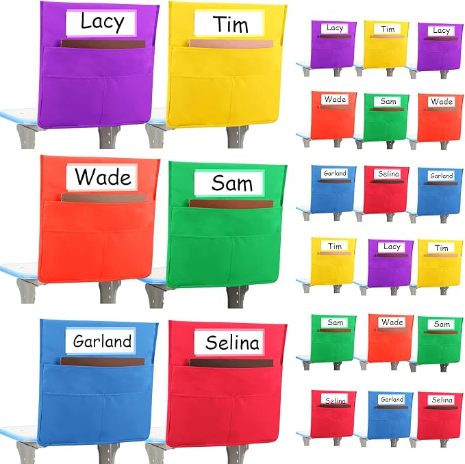 Boao 24 Pcs Chairback Pockets for Classroom with Name Tags, 16.3 x 15 Inch Seat Storage Organizers, 2 Large Pockets Chair Back Organizers for Students Teachers School Supplies(Multicolor)
