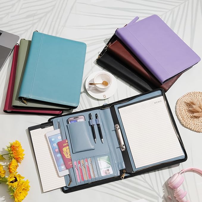 Wason A4 Portfolio with Zipper - Leather PU Padfolio with Detachable Ring Binder and Writing Notepad Holder, Conference File Multi-Pockets Organizer for Office Travel School (Misty Blue)