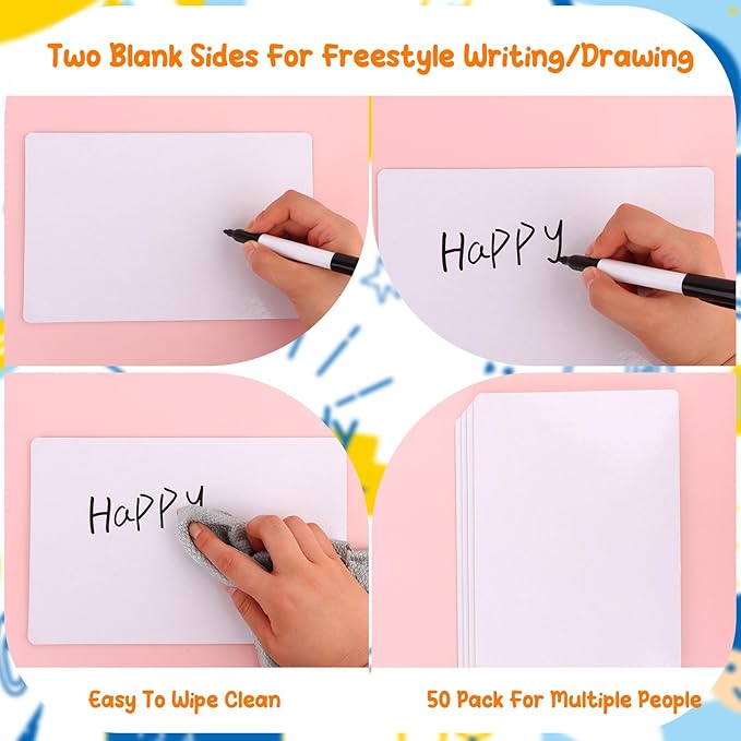 Set of 50 Small White Board Dry Erase Boards Classroom Pack Mini White Boards 9" x6” Double Sided Personal Whiteboards for Students Teachers School Office Supplies Lapboards