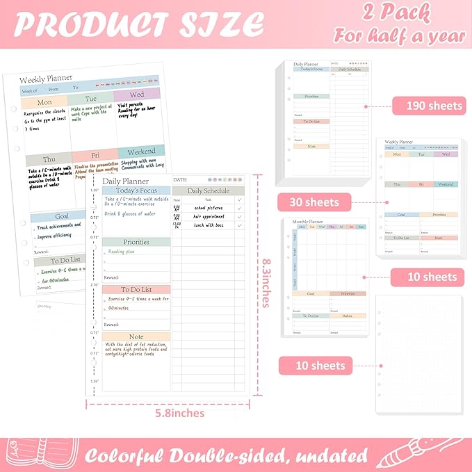ADHD Planner Refill Pages for A5 Binders 240 Sheets/480 pages Planner Inserts Daily Weekly Monthly for 6 Ring Binder Undated Planners Refills Colorful To Do List Refill Paper 120 GSM Thick Loose Leaf Paper for 6 Months Neurodivergent Journal Productivi...