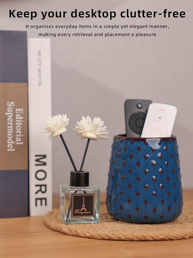 GDCZ Ceramic Remote Control Holder, Remote Caddy Organizer Storage, Remote Organizer for Table, TV Remote Holder, Makeup Brush Pen Holder, 4.2" (Blue)
