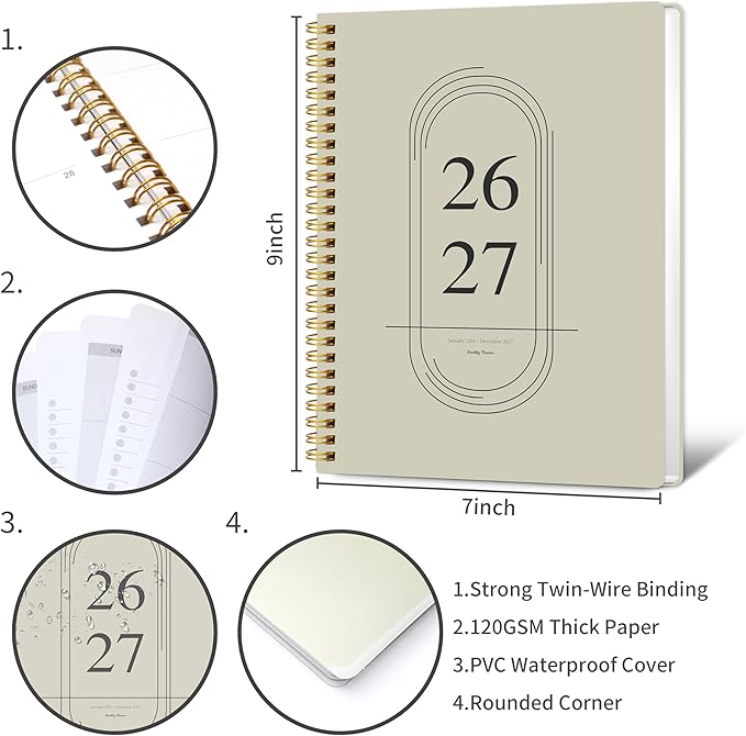 2026-2027 Monthly Planner - 2 Year Monthly Planner 2026-2027, Jan 2026 - Dec 2027, 7" x 9", 2 Year Calendar with 24 Month, Twin-wire Binding, Note Pages, Beige