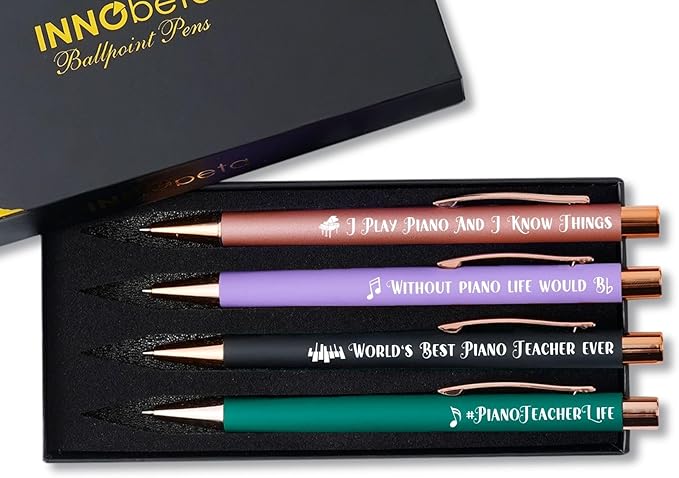 InnoBeta Music Teacher Gifts for Women, Ballpoint Pen Set of 4, Funny Gifts in Teacher Appreciation Day, Birthday, Christmas - Piano