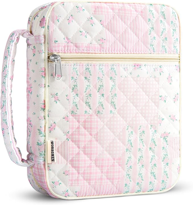 WOBAGMEN Bible Cover Case for Women,Large Bible Tote Bags Organizer Quilted Carrying Case for Girls,Bible Study Supplies Accessories Christian Gifts for Women (Pink Floral pin, L)
