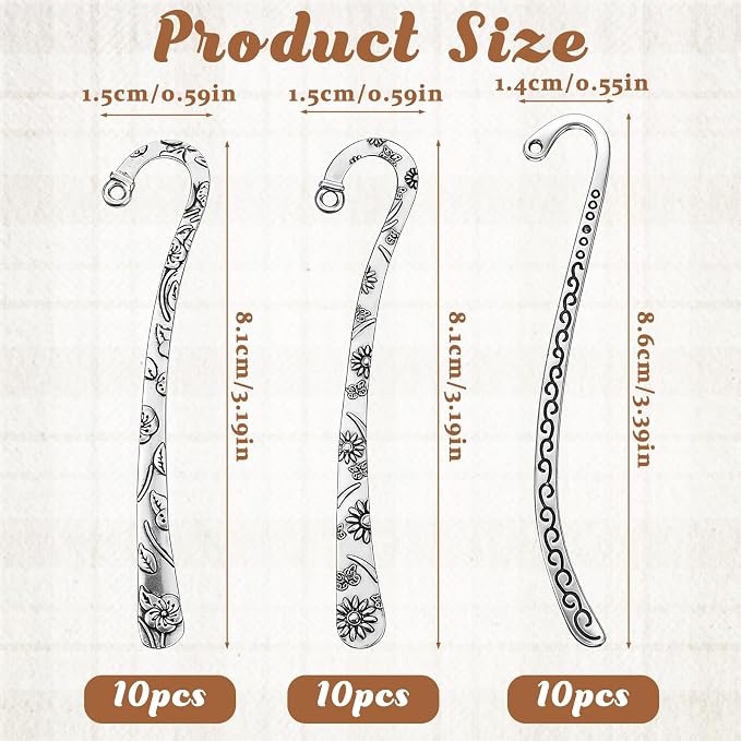 Metal Bookmark Hooks, 30 Pcs Vintage Tibetan Silver Carved Alloy Bookmarks with Loop for DIY Crafting, Tassels & Hairpins, Rust-Free Gift for Readers & Book Lovers, Silver