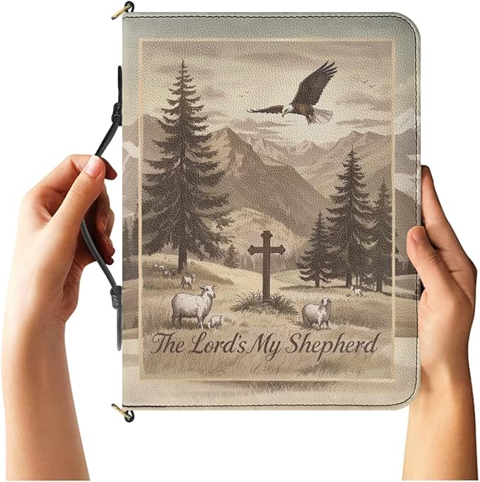 Large PU Leather Bible Cover for Men, Mens Bible Case with Strap and Handle, Crucifix Psalm 23:1 Print Biblia Carrier with Inner Pockets and Pen Loop, Christian Gifts for Men, Sepia