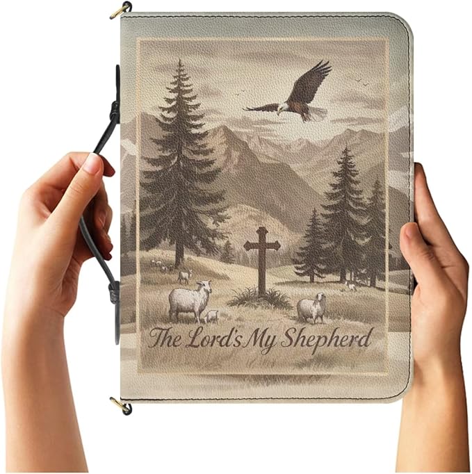 Bible Cover for Men, PU Leather Bible Case with Strap and Handle, Crucifix Psalm 23:1 Print Biblia Organizer with Inner Pockets and Pen Loop, Church Bags for Men, Sepia 2XL