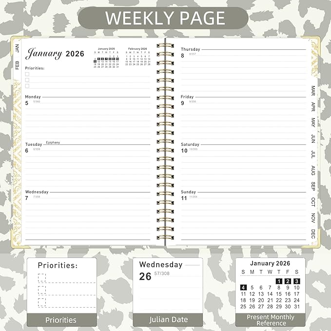 2026 Planner, Jan.2026 - Dec.2026 Planner Weekly and Monthly 6.25"x8.5" with Page Tabs, Calendar Hardcover with Inner Pocket, Elastic Band, Twin-Wire Binding, Bookmark, Gray Leopard