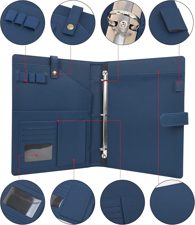 Wonderpool A4 PU Leather Portfolio Holder Ring File Document Case with Removable Binder Clipboard, Multi Pocket and Legal Pad for Business Organizer Interview and Meeting (Dark Blue)