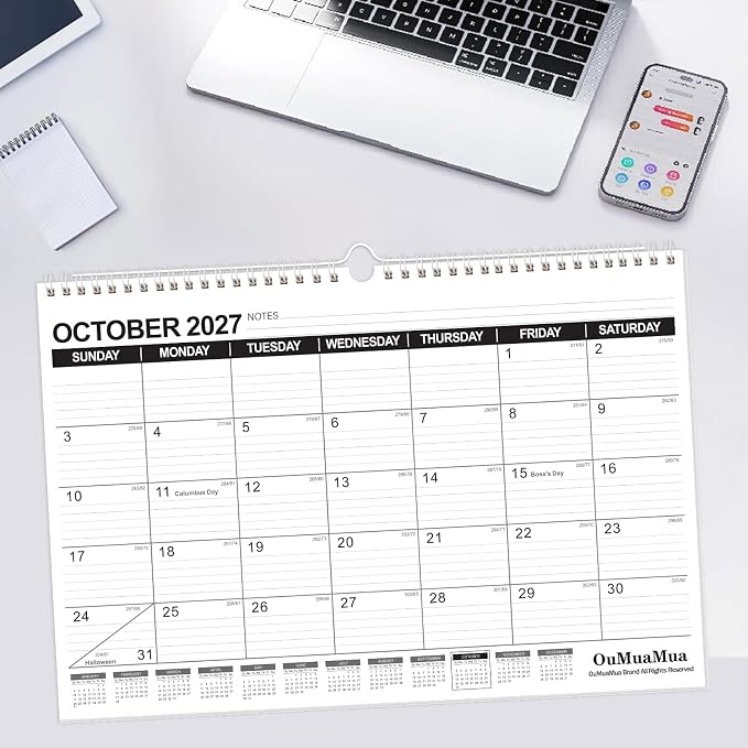 OuMuaMua Wall Calendar 2026-2027, 19 Months Academic Calendar 17" × 11.5" Hanging Planner from Jun. 2026 to Dec. 2027 with Julian Date, Ruled Blocks for Office Home Planning & Organizing