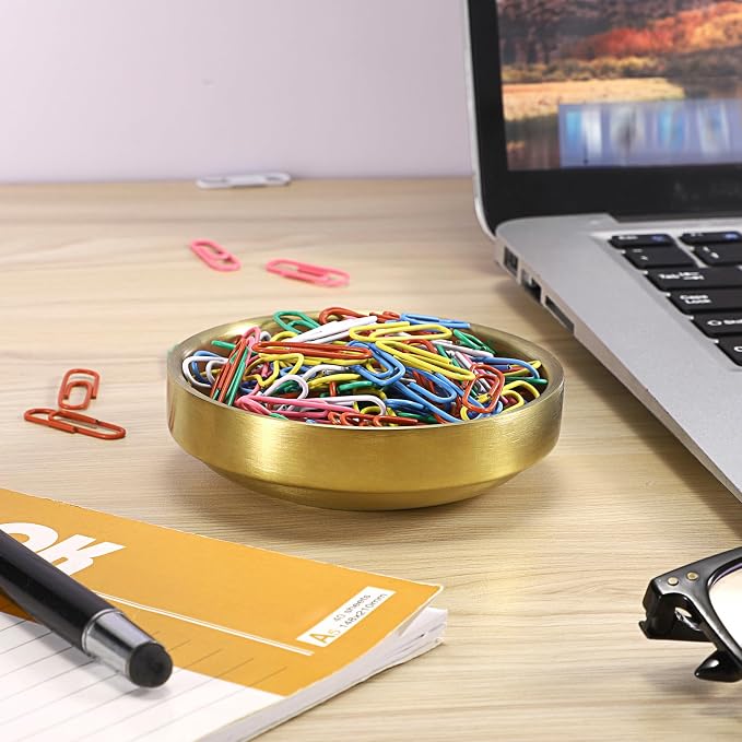 BTSKY 1 Pack Flat Golden Paper Clip Holder, Stackable Desk Organizer Metal Storage Bowl for Small Office Supplies Paper Clips & Tiny Parts, Cute Round Jewelry Storage for Office Bathroom Vanity