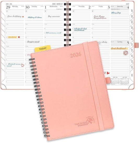 POPRUN 2026 Planner (Medium - 6.5'' x 8.5'') with Hourly Schedule & Vertical Layout - 2026 Weekly Calendar (Jan. 2026 - Dec.2026) for Time Management, Monthly Tabs, Spiral Bound, Soft Cover - Pink