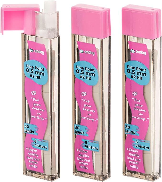 Enday Mechanical Pencil Refills, Black HB #2 Lead, White Eraser, Pack of 3 (30 Leads & 6 Erasers)