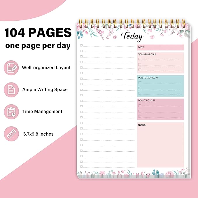 To Do List Notepad - Daily Planner Notepad 104 Pages Task Planner, 6.7" x 9.8" Double Sided Spiral Notebook with Checklist Productivity Planning Pad for Work Office Home-Pink