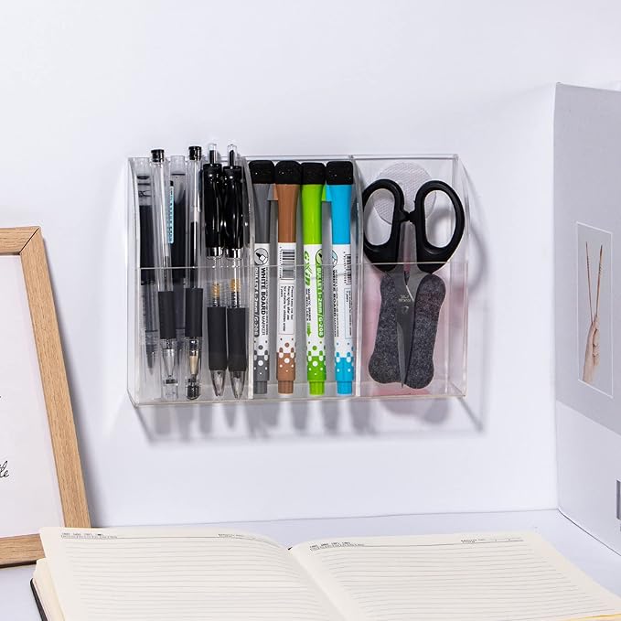 Yeeco Acrylic Remote Mount 3 Compartments, Clear Remote Control Holder, 7.9''1.6''5.6'' Wall Mount, Pen Holder for Wall, Makeup
