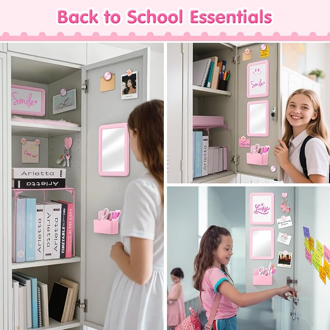 MoKo 17 Pcs Pink Locker Accessories for Girls, Cute Locker Accessories Kit with Mesh Shelf, Magnetic Dry Erase Board, Mirror, Marker Holder, Marker, Plush Rug, Magnets, Lockers Decor for School & Work