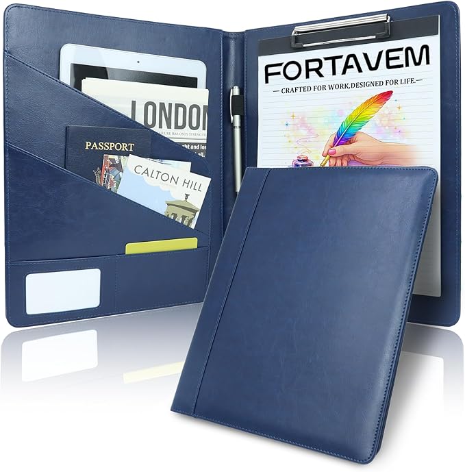 Professional Portfolio Binder, Faux Leather Padfolio for Resume, Note-Taking & Meetings, A4 Letter Writing Pad Holder for Women & Men, Blue