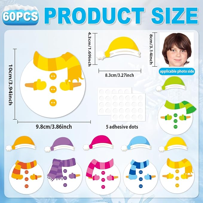 60Pcs Winter Snowman Paper Cutouts Winter Bulletin Board Decoration Colorful Snowman DIY Photo Craft Cutout Christmas Classroom Supplies for Teacher Student School Holiday Party Chalkboard Wall Decor