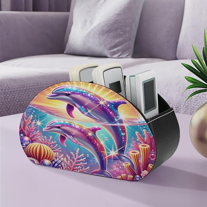 Dolphin Sunset Colorful Coral Reef Ocean Remote Control Holder with 5 Compartment PU Leather Multi Functional Desk Storage for TV Remotes Office Supplies