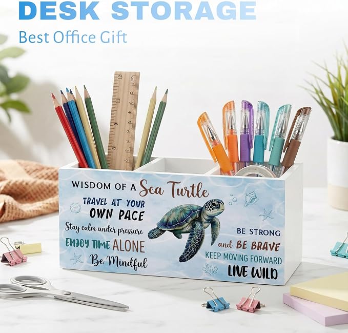 Sea Turtle Pen Pencil Holder for Office Desk Coastal Turtle Office Decor Wooden Ocean Inspirational Organizer Desktop Decor Summer Makeup Brush Toothbrush Holder Gift for Bathroom Desk Accessories