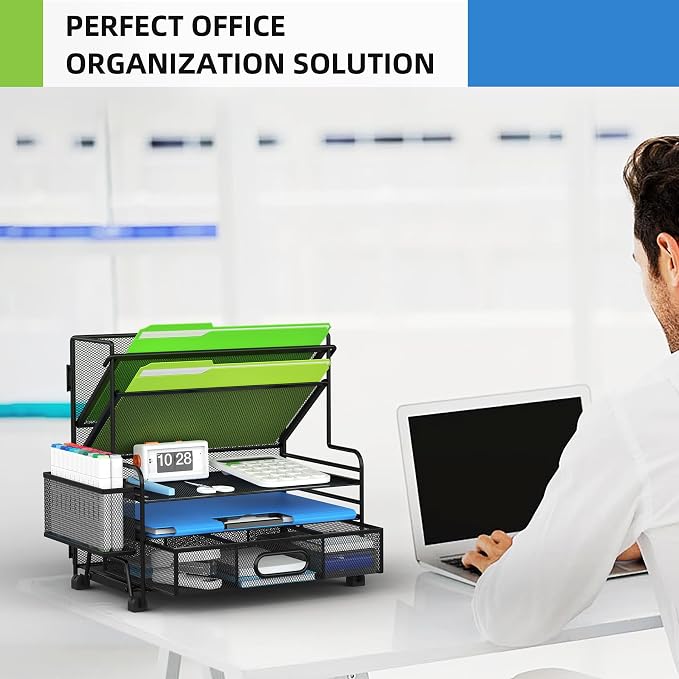 MINDEPOT 3-Tier Paper Organizer + 2-Pocket File Holder, Desktop File Organizers Paper Tray for Office School Classroom Workspace Organization