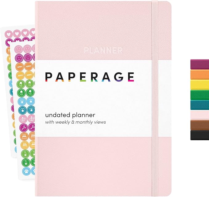 PAPERAGE Undated Weekly & Monthly Hardcover Planner (Blush), 5.6 in x 8 in, Includes Lined Note Pages & 2 Sticker Sheets