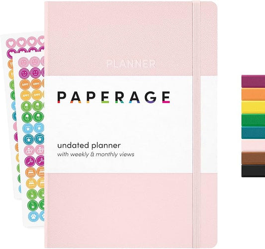 PAPERAGE Undated Weekly & Monthly Hardcover Planner (Blush), 5.6 in x 8 in, Includes Lined Note Pages & 2 Sticker Sheets