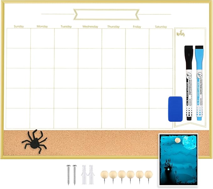 Whiteboard Calendar & Corkboard, 18" x 24" Dry Erase White Board & Bulletin Board, Gold Aluminum Frame Calendar/Cork Combo Board(ZHYL-Gold-4560-B+1)