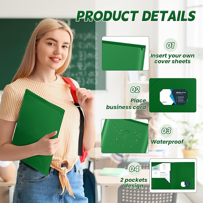 Henoyso 36 Pack Dark Green Plastic Folders with Clear Front Pockets Heavy Duty File Folders with 2 Pockets and Card Slot for Student Communication School Office Presentation Report