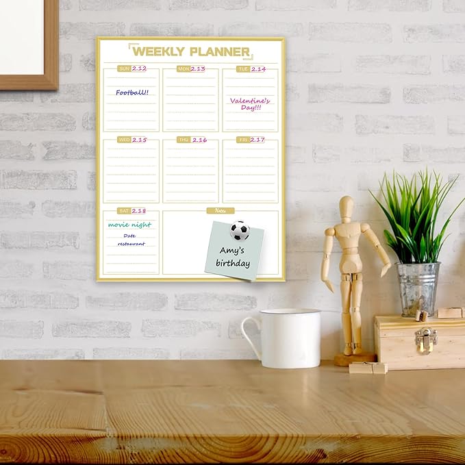 Dry Erase White Board Weekly Calendar Board, Magnetic Whiteboard for Wall, Gold Aluminum Frame Message Board, Vertical, 17“x13“, Planner Board for Office, Home, Schooll(Weekly-BB-Gold-3343-R)