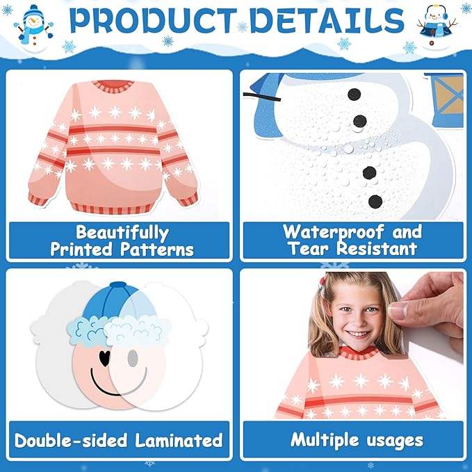 Winter Snowman Bulletin Board Decorations Set Winter Sweater Paper Cutouts Christmas DIY Photo Snowflake Classroom Bulletin Border for Xmas Holiday Party School Home Chalkboard Wall Decoration Favor