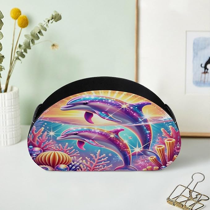 Dolphin Sunset Colorful Coral Reef Ocean Remote Control Holder with 5 Compartment PU Leather Multi Functional Desk Storage for TV Remotes Office Supplies