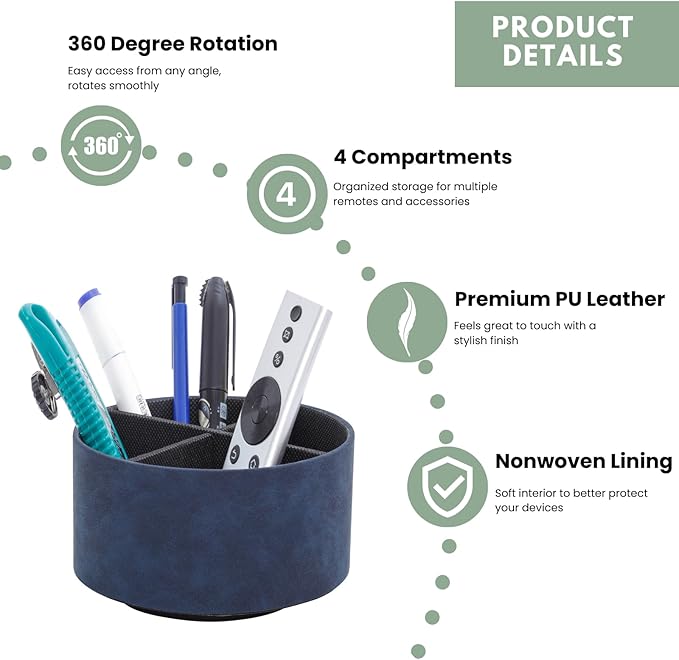 Remote Control Holder For Table, 360 Degree Spinning Desk Organizer For Bedside Night Stand, TV Remote Caddy with 4 Compartments, Office Rotating Pen Holder Blue PH122