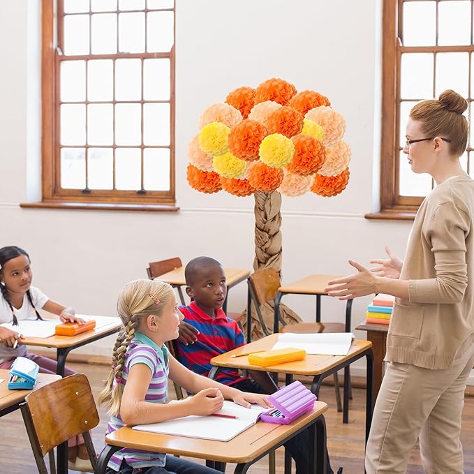 Whaline Fall Classroom Tree Bulletin Board Set 3D Classroom Wall Decor Kit 1 Roll Kraft Paper with 28 Paper Pompoms Glue Points for Autumn Party School Chalkboard Office (Orange,8, 10, 12 Inch)
