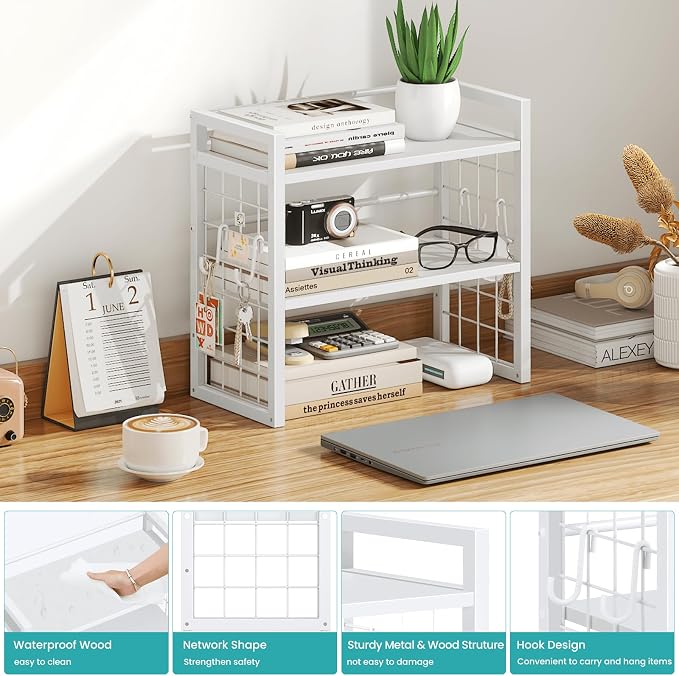 ELITEROO Desk Shelf Organizer, 2 Tier Wood Desktop Bookshelf Storage Rack, Freestanding Tabletop Organizer for Top of Desk, Office Supplies, Books & Decorations, White