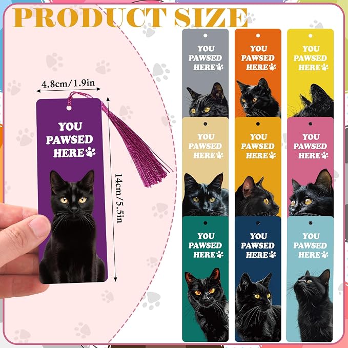 100 Pcs Black Cat Bookmarks with Tassels, Paper Bookmarks Bulk for Cat Mom Lovers Booklovers Back School First Day of School Gift Valentine's Day Classroom Reward for Women Teen Girl