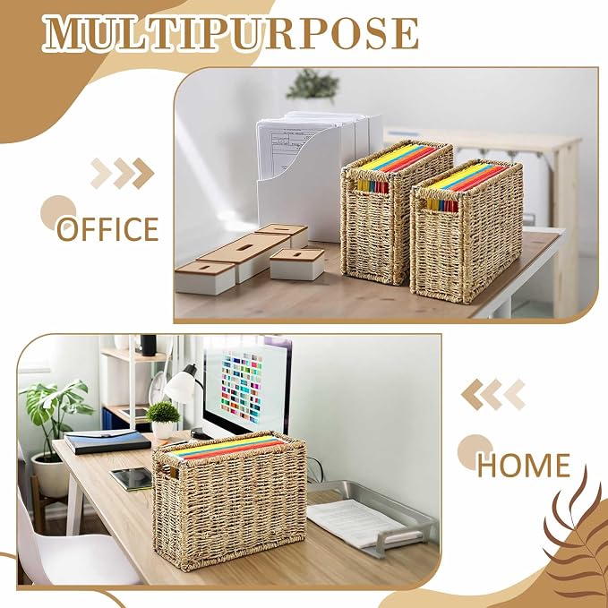 Novabright 2 Pcs Hanging File Desk Organizer 14.5 x 6 x 10.8 Inch Seagrass Hanging File Box Collapsible Portable Filing Basket, Letter Size Woven Storage Basket for Home Office Document Filing Decor
