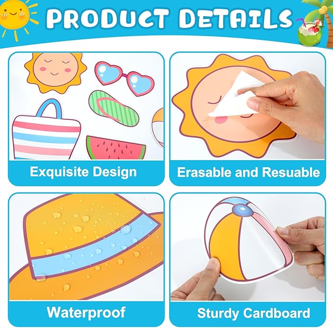 QOUBAI Hello Summer Bulletin Board Set Beach Theme Classroom Bulletin Board Decorations Surfing Tropical Palm Cutouts for Back to School Bus Teacher Supplies Nursery Home Chalkboard Wall Door Decor