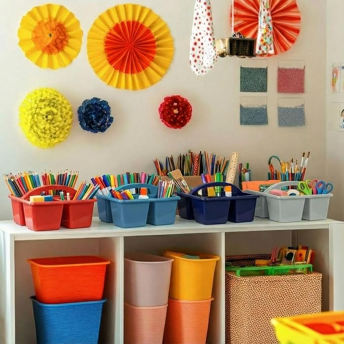 Kathfly 8 Pack Classroom Caddy Organizer with Handle, Plastic Art Craft Cleaning Caddy Bulk, Small Multipurpose Supply Organization Storage Basket for Table Desk Office Pencil Teacher (Blue Orange)