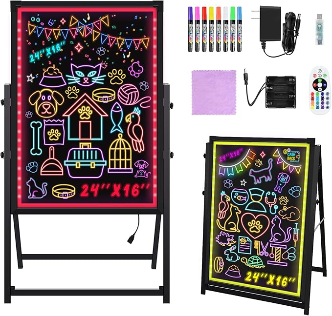 Hosim Standing A-Frame LED Message Writing Board, 24"x16" Illuminated Erasable LED Neon Menu Sign Board with 8 colors Markers & 16 Lighting Colors DIY Chalkboard Drawing Board for Restaurant Promotion