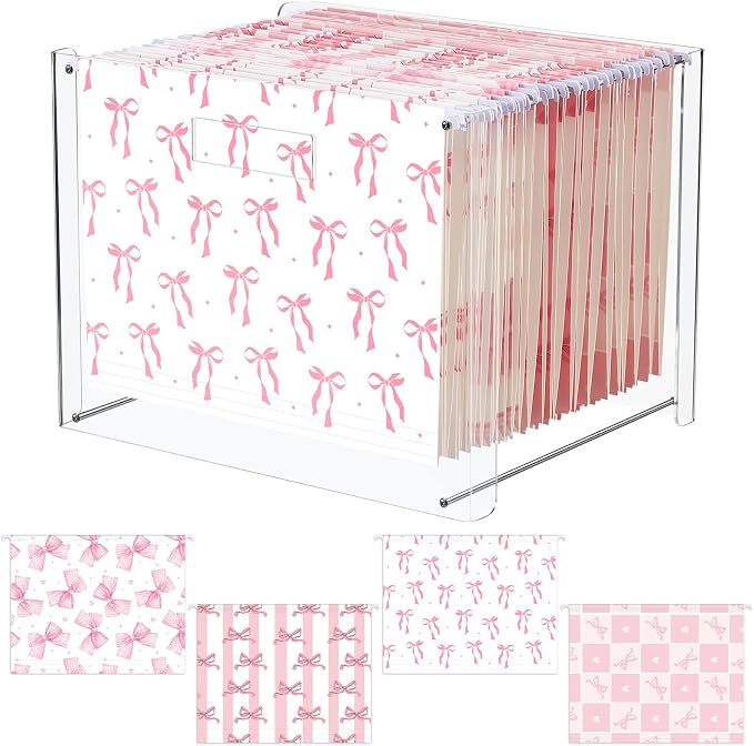 Dispowreath 24 Hanging File Folder with Acrylic Organizer for Letter/a4 Size Desktop Clear File Storage Box with Handles for Home Work Office Use(Pink,Bow)