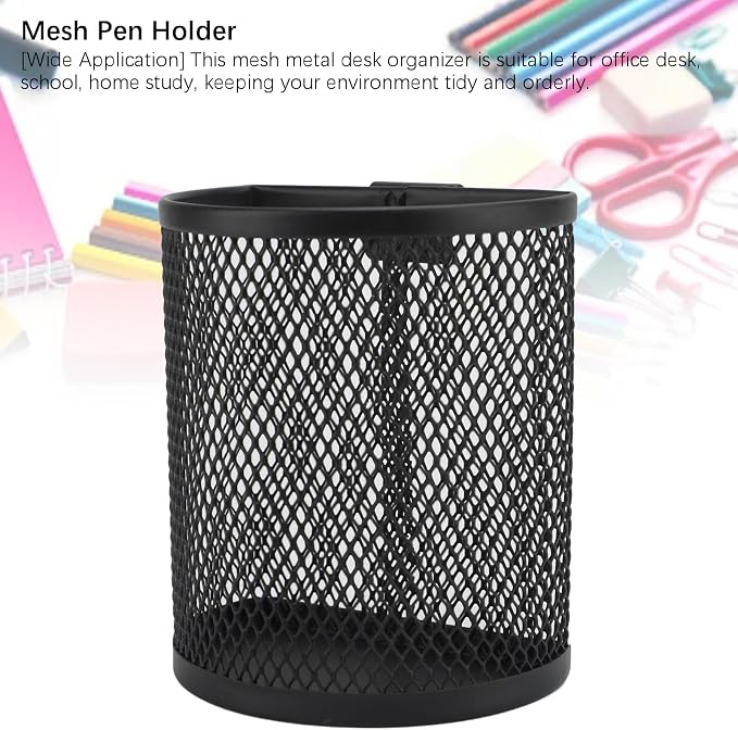 Hanging Pencil Holder Pen Holder Cup for Desk, Metal Hook Wall Mounted Pen Holder, Mesh Pencil Holder for Hanging on Wire Mesh Wall Grid Panel for Desk Office Pen Organizer,Black 9.5x8x5.5cm