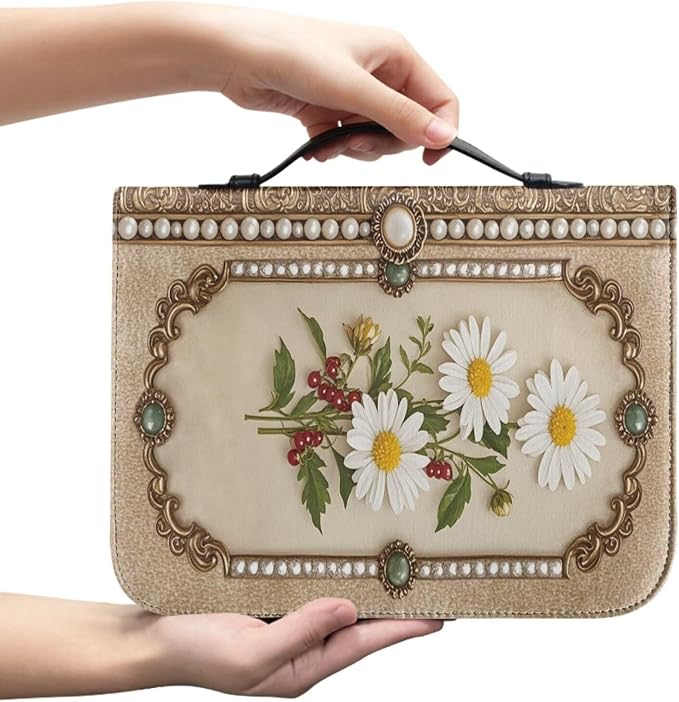 Vintage Elegant Style Flower Bible Case with Bookmark Waterproof Bible Cover Case for Women Lightweight Bible Bag with Handle Pockets Church Book Bag Brown