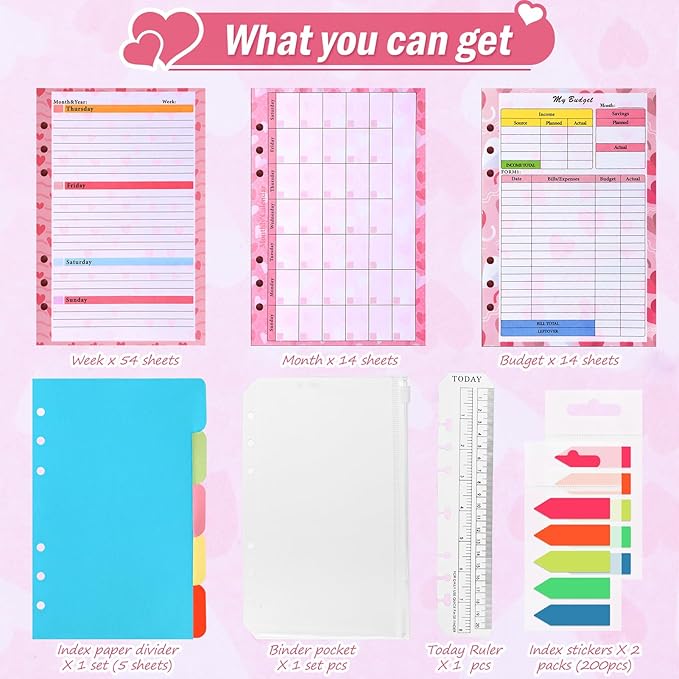 Toplive 7 Pack A5 Planner Inserts Monthly Weekly Planner Refills Paper 6 Ring Expense Budget Sheets with Cash Envelopes Divider Ruler Stickers, for A5 Planner Binder Cover, Pink Heart