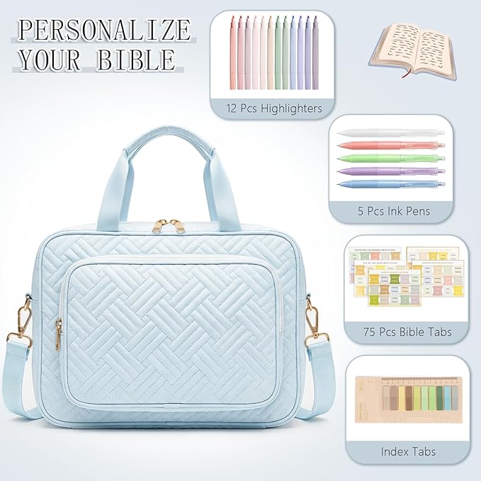 Bible Bag for Women, Large Bible Cover Case with Study Supplies,Girls Carrying Case with Highlighters, Pens, Bible Tabs, Sticky Notes, Christian Gifts for Girls, Mom, Easter Mothers Day Religious Gift