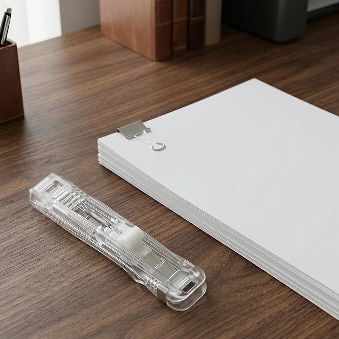 Portable Paper Clam Clip Dispenser 2pcs - Reusable Push Stapler with 200 Refill Clips, No-Hole Binding - Up to 40 Sheet Capacity, Handheld for Document Office School Desk (Transparent)