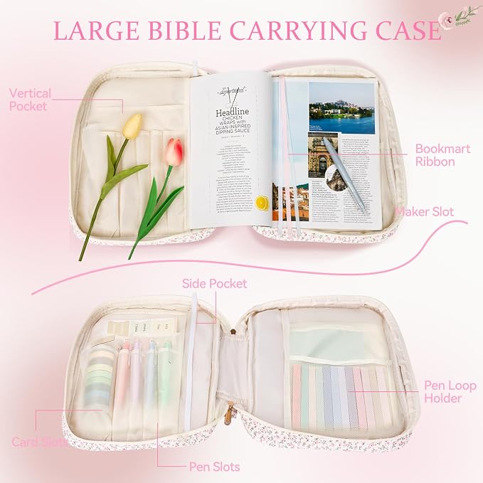 Bible Cover Case for Women Large Quilted Bible Carrying Bag with Handles Bible Study Supplies & Accessories Christian Gifts for Women(Mini Pink Flower, M)