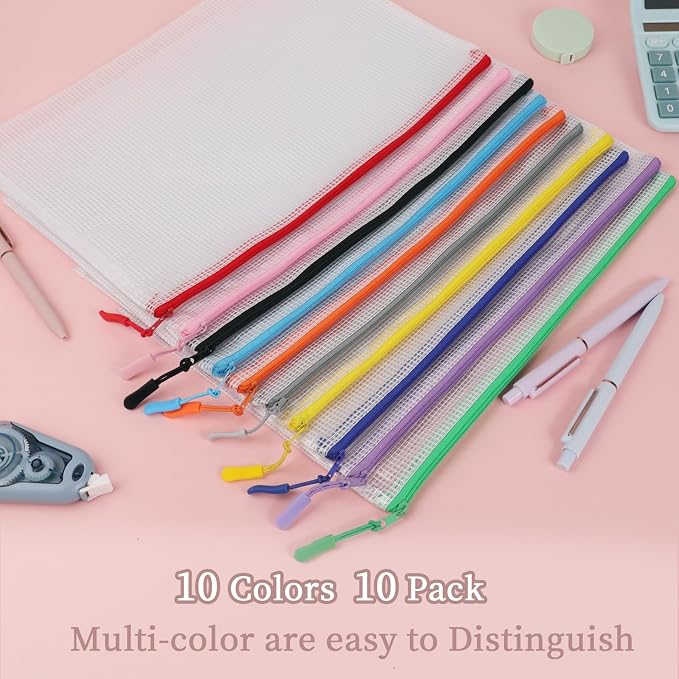 Multibey 10 Pack 10 Colors Mesh Zipper Pouch Bags, A4 13 x 9.5 inch Waterproof Zipper Pouches for Organizing, Reusable Document Bags for Office Supplies, Puzzle & Board Game Storage