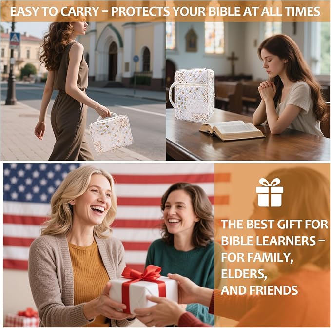 Bible Cover Case For Women,Large Bible Bag with Study Supplies,Quilted Bible Carrying Case for Girls,Portable Bible Case with Highlighter, Pens,Tabs,Bible Study Gifts for Women