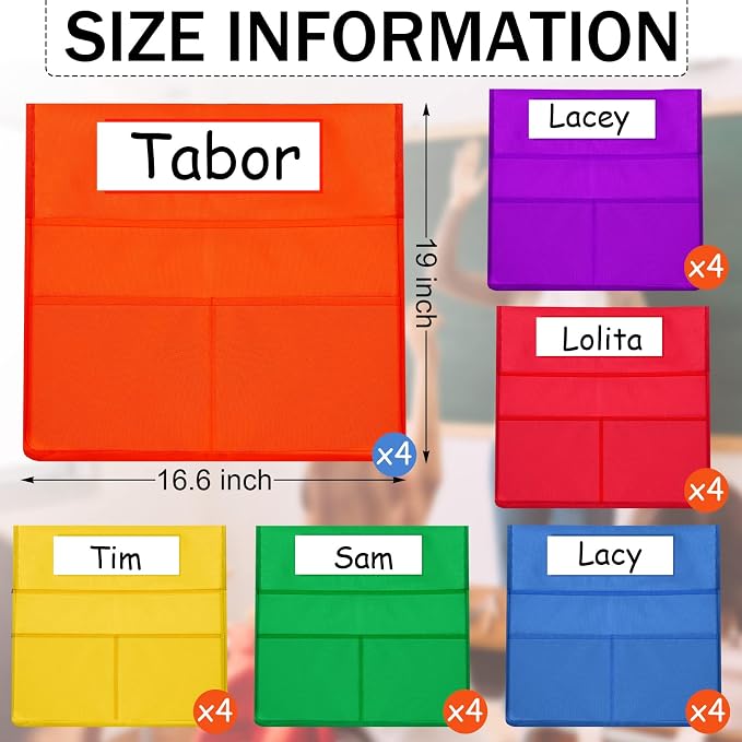 Boao 24 Pcs Chairback Pockets for Classroom with Name Tags, 16.3 x 15 Inch Seat Storage Organizers, 2 Large Pockets Chair Back Organizers for Students Teachers School Supplies(Multicolor)